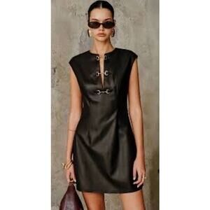 NWT Commense PU Faux Leather Metal Buckle Sleeveless Mini Dress Black Size Large